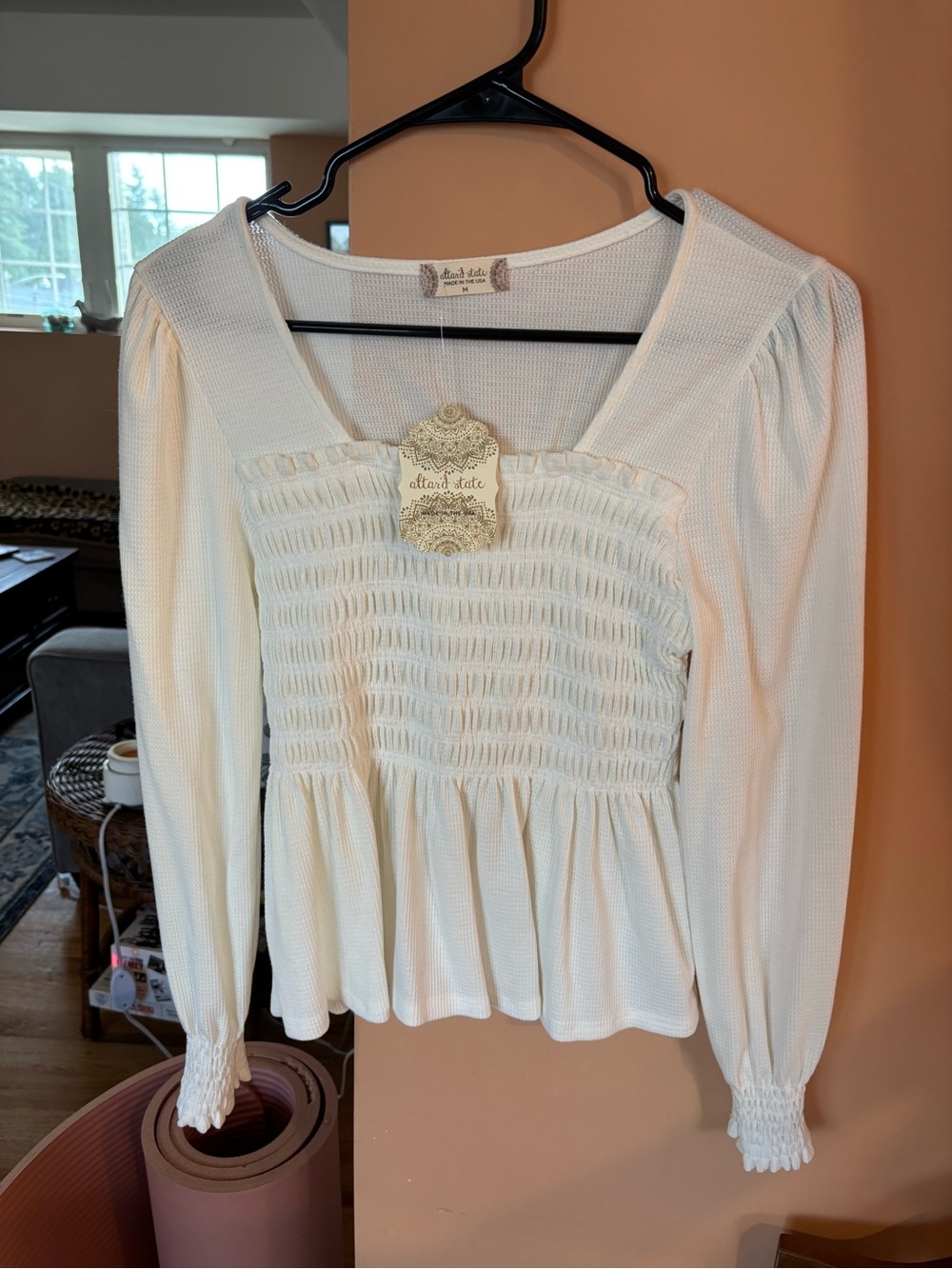 Altard state Cream Smocked Peplum Long-Sleeve Top